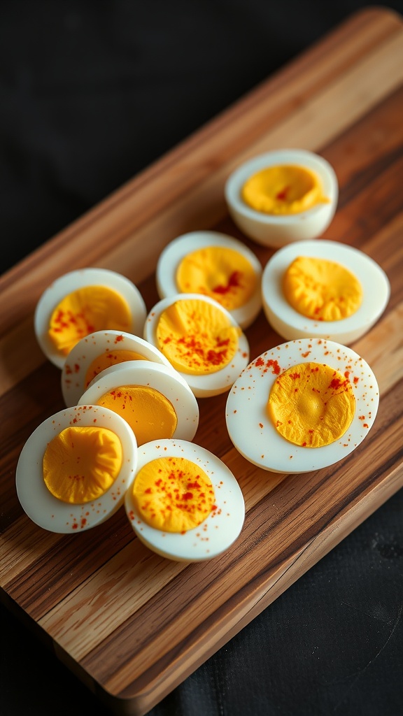 Sliced hard-boiled eggs sprinkled with paprika on a wooden cutting board.