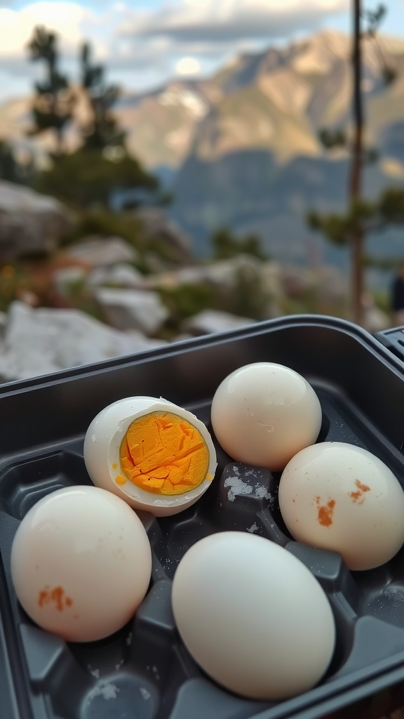 A tray of hard-boiled eggs with one egg cut open, showcasing the bright yellow yolk.