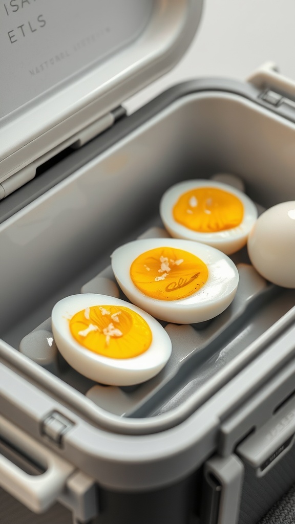 A container filled with hard-boiled eggs, some sliced in half with bright yellow yolks.