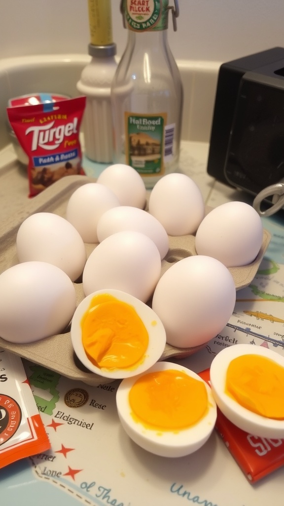 A carton of hard-boiled eggs with seasoning packets and an empty egg carton.