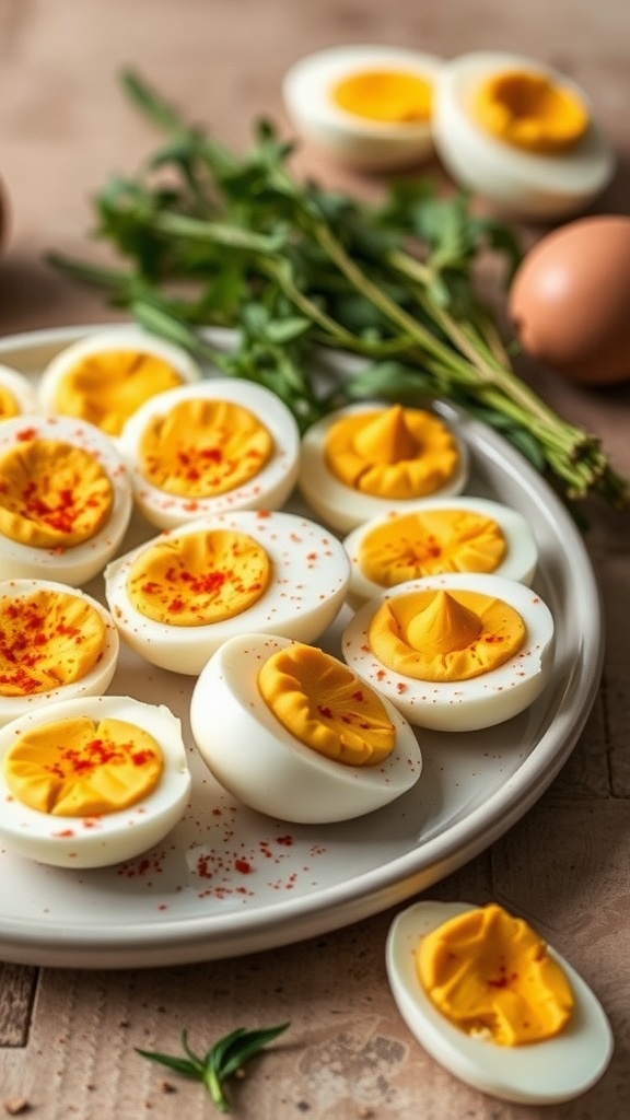 A plate of hard boiled eggs, some sliced and decorated with spices, alongside fresh herbs.