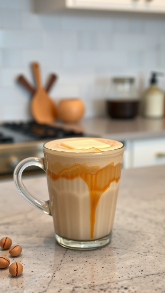 A glass of Hazelnut Butter Keto Brew with a creamy texture, placed on a kitchen counter next to wooden kitchen tools.