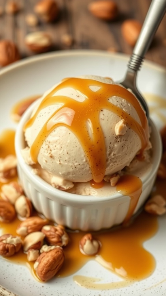 A bowl of hazelnut praline ice cream with caramel drizzled on top, surrounded by hazelnuts.