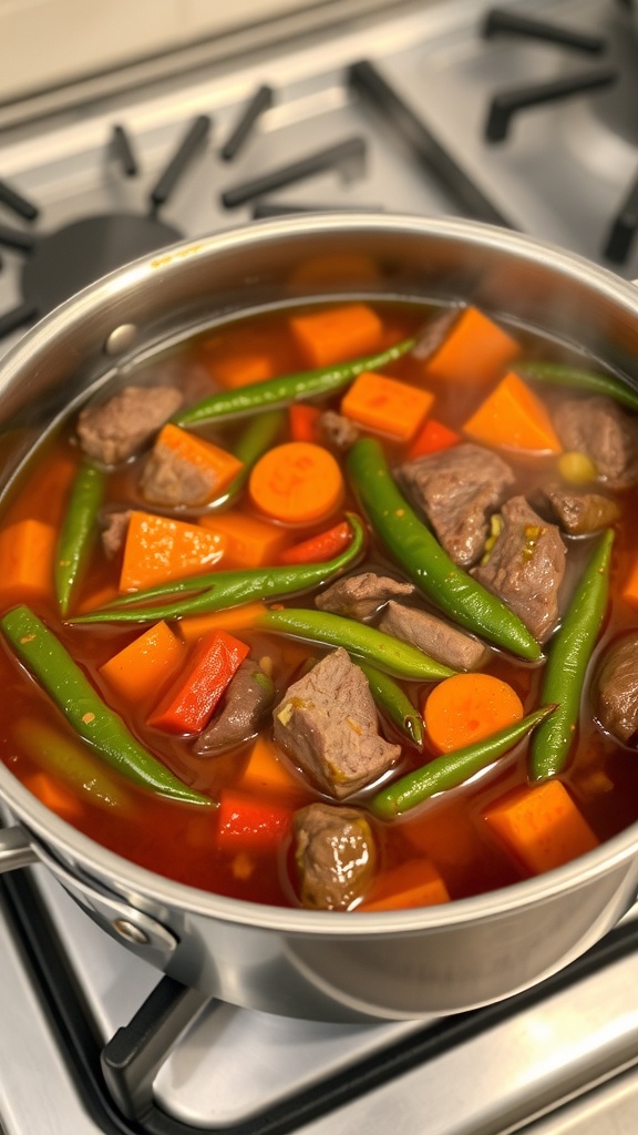 A pot of hearty beef and vegetable soup cooking on the stove.