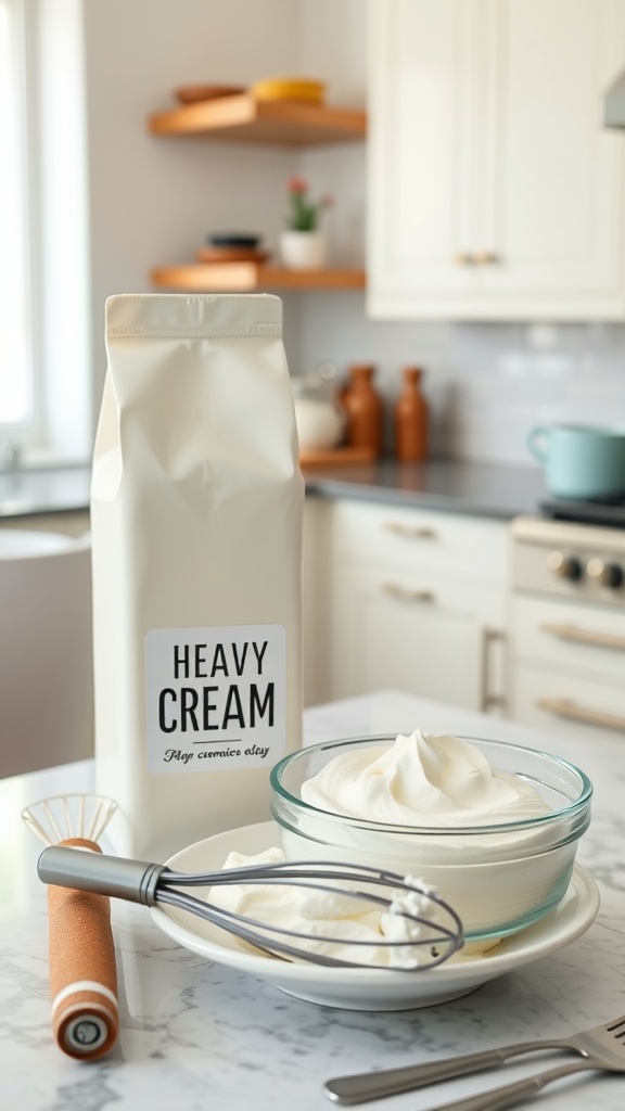 A carton of heavy cream next to a bowl of whipped heavy cream and a whisk on a kitchen countertop.