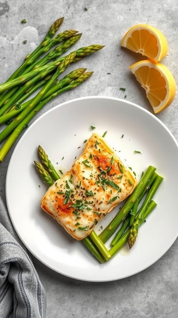 Baked cod with herbs and asparagus on a white plate