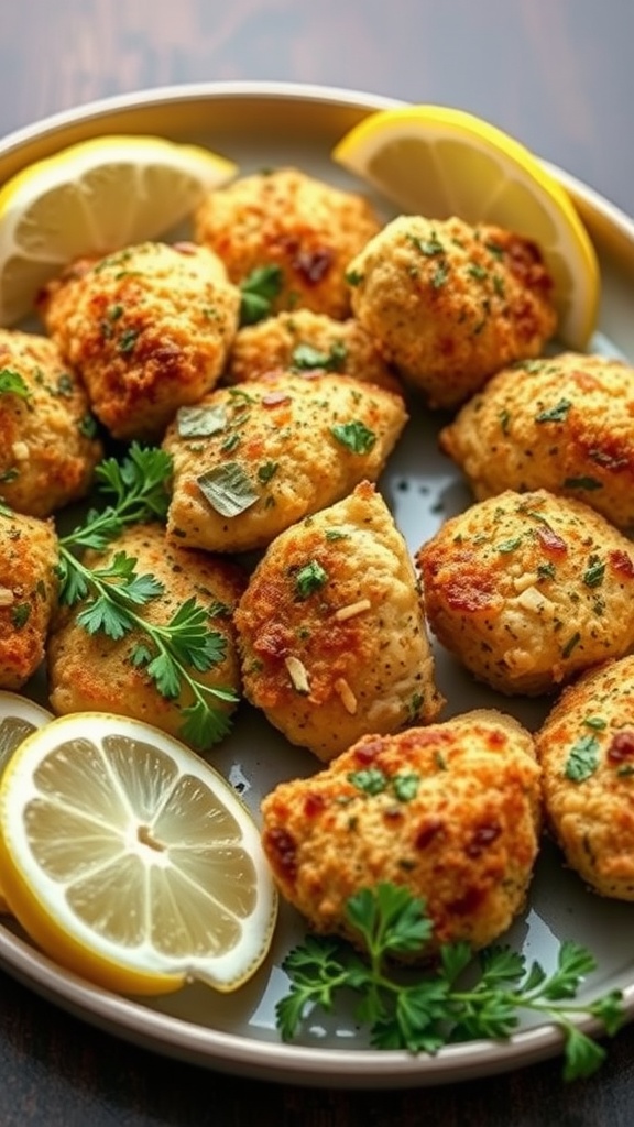 A plate of golden, herb-crusted chicken bites garnished with parsley and lemon wedges.