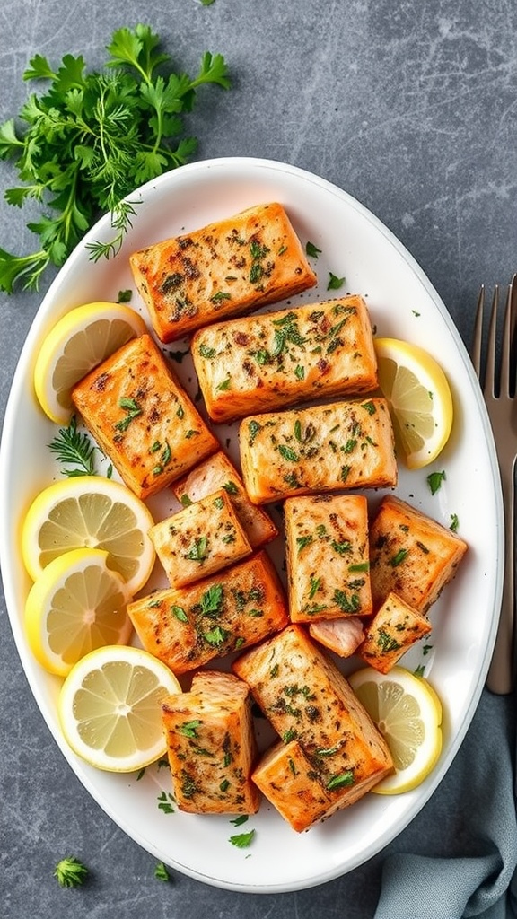 A platter of herb-crusted salmon bites with lemon slices and fresh herbs.