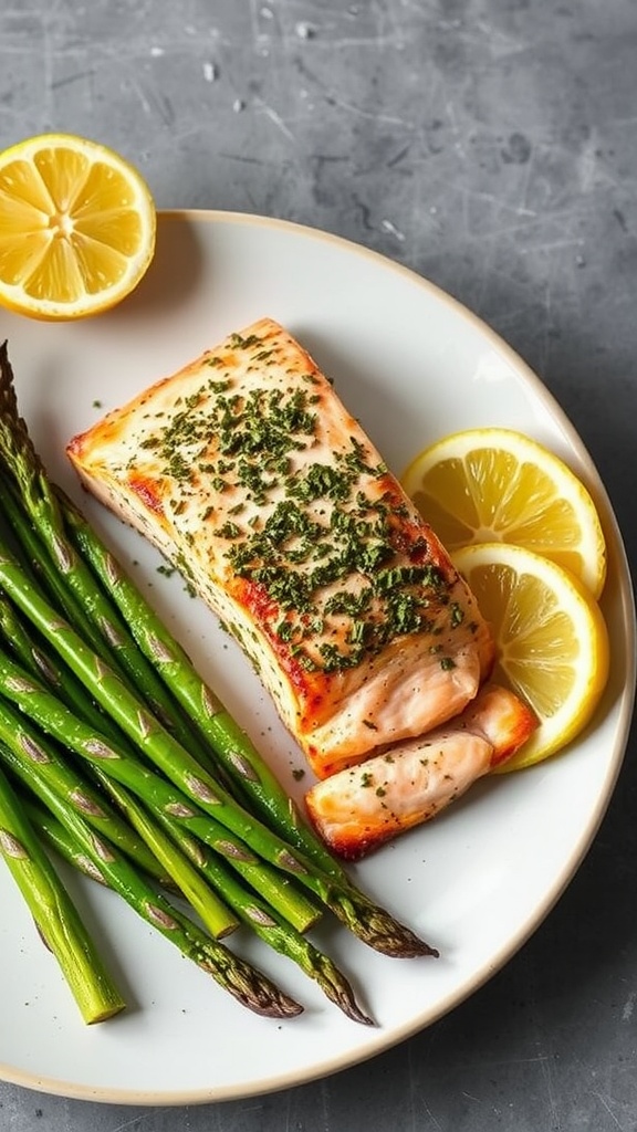 Plate of herb-crusted salmon with asparagus and lemon slices