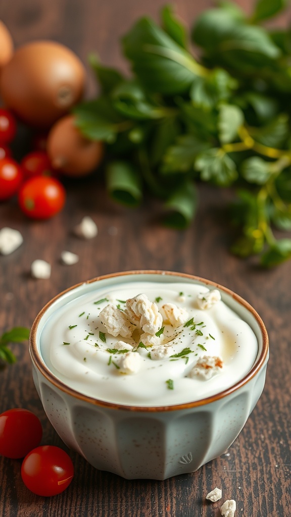 A bowl of yogurt topped with feta crumbles and herbs, surrounded by cherry tomatoes and eggs.