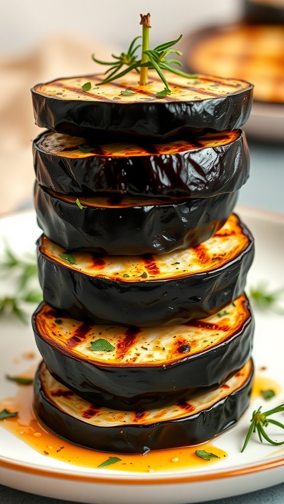 Grilled eggplant slices stacked with herbs
