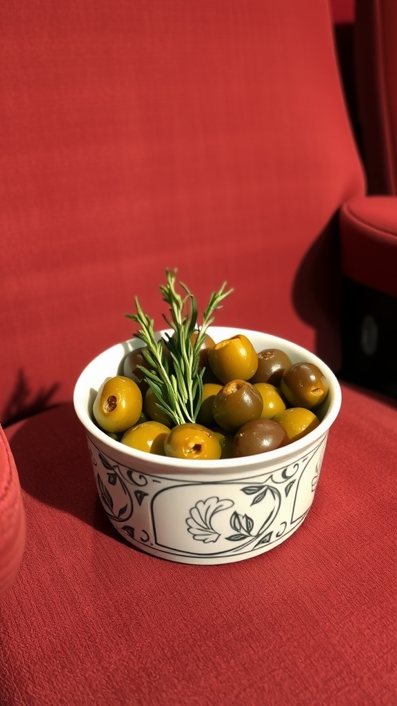 A bowl of herb-infused olives on a red seat