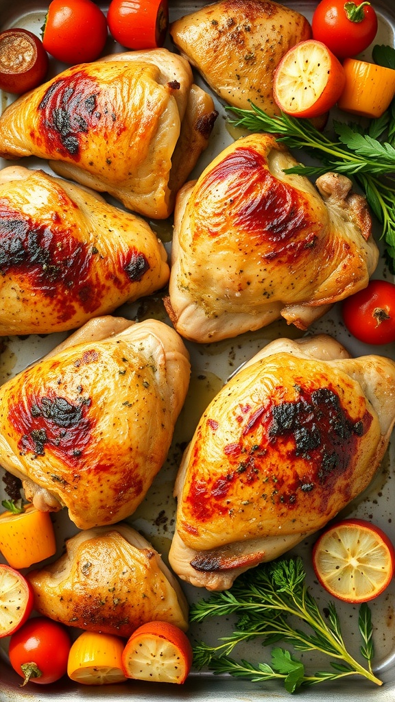 A close-up of golden, herb-roasted chicken thighs surrounded by colorful tomatoes and fresh herbs.