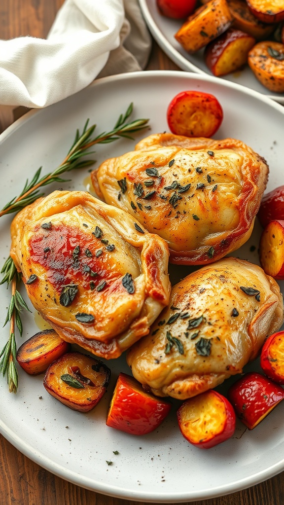 Plate of herb-roasted chicken thighs with roasted vegetables