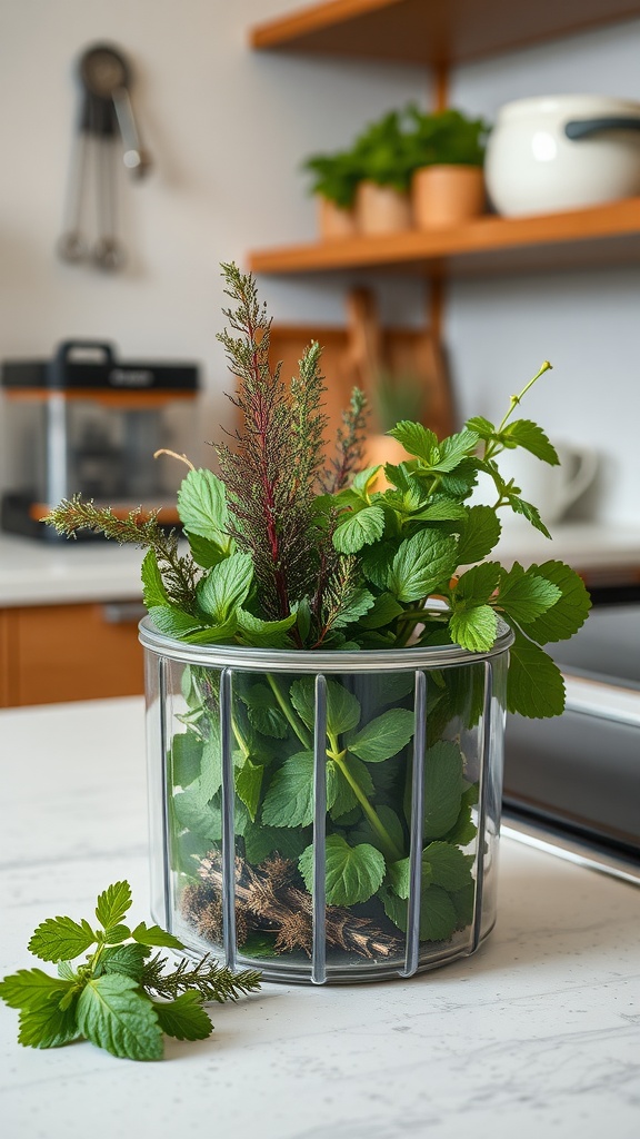 An herb keeper filled with fresh herbs on a kitchen counter.