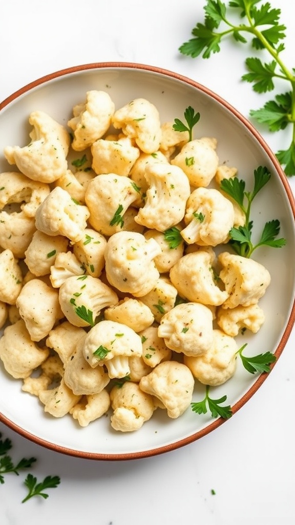 A bowl of herbed cauliflower rice bites garnished with fresh parsley