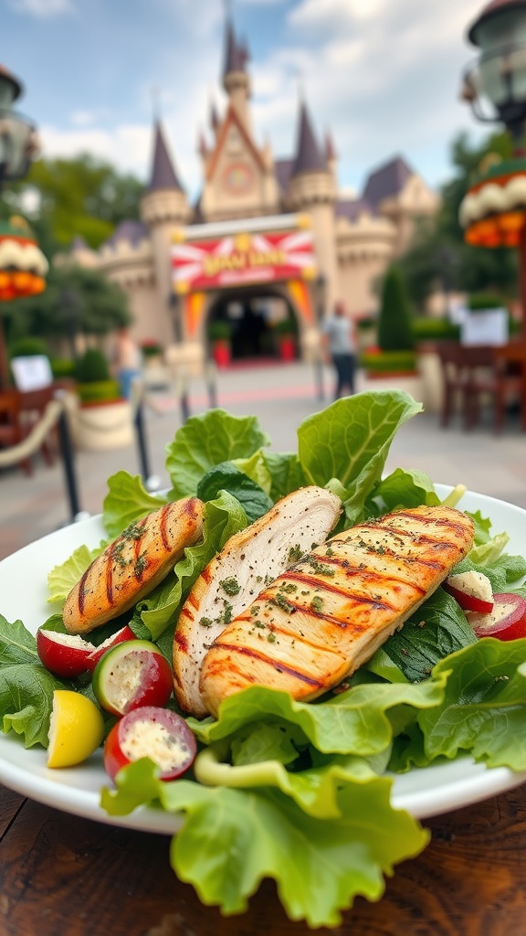 A plate of Herbed Chicken Caesar Salad with grilled chicken, greens, and cherry tomatoes, set against a theme park background.