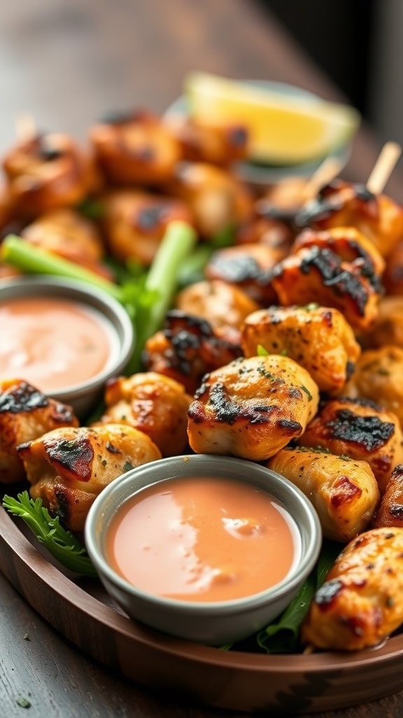 A platter of grilled herbed chicken skewers served with dipping sauce and garnished with fresh herbs.