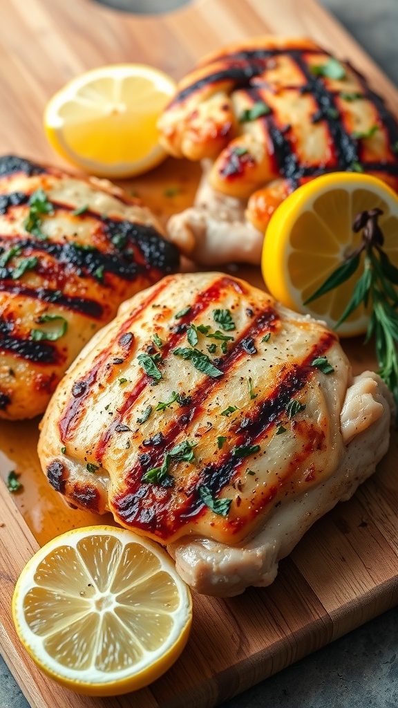 Grilled herbed chicken thighs garnished with lemon slices