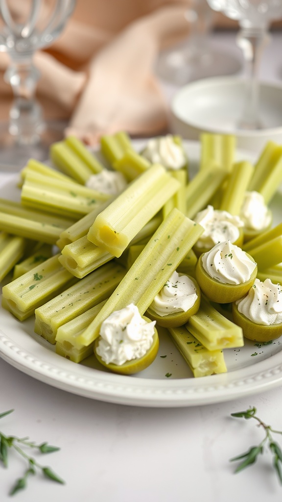 A platter of herbed cream cheese-stuffed celery sticks and celery pieces.