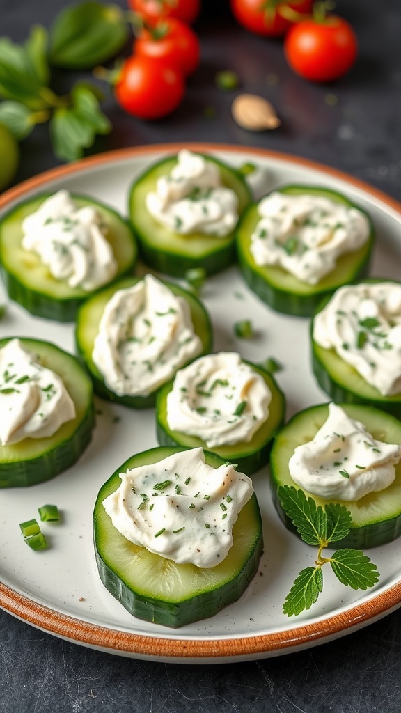 Cucumber slices topped with herbed cream cheese on a plate.