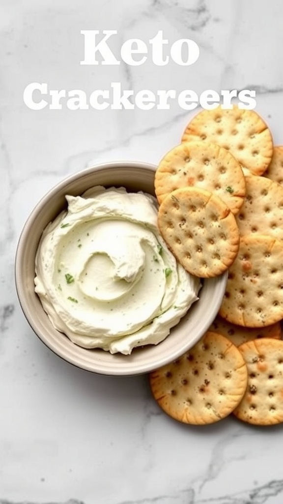 A bowl of herbed cream cheese spread surrounded by crackers.