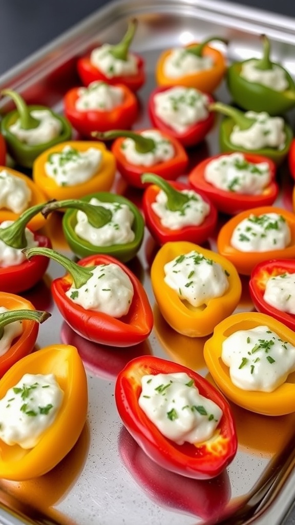 Colorful peppadews stuffed with creamy herbed cheese on a plate.