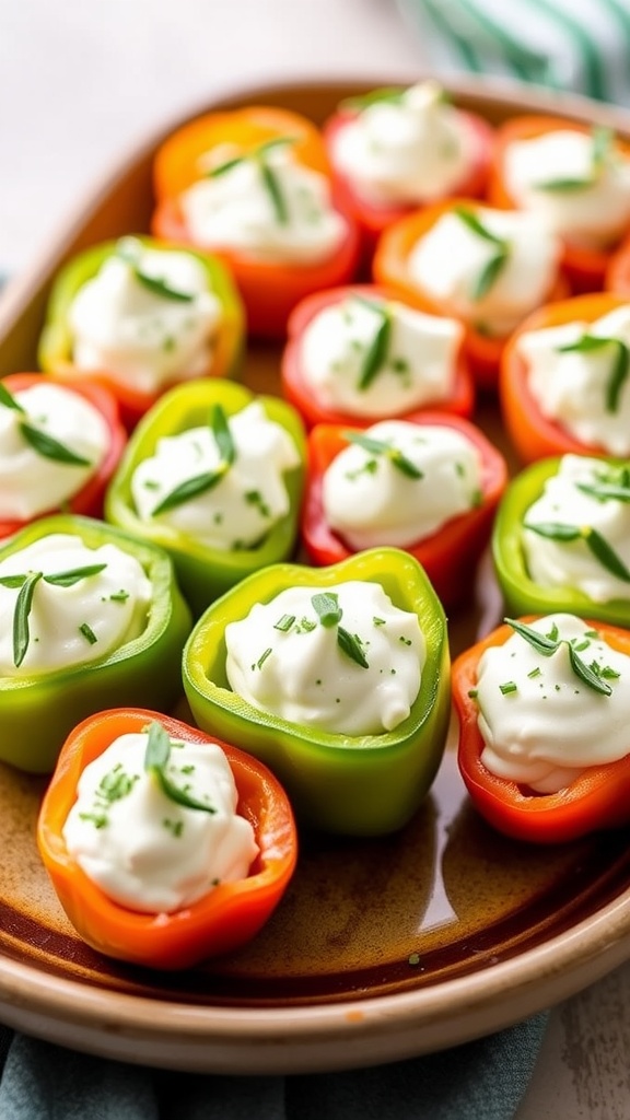 Colorful bell peppers filled with herbed cream cheese and topped with chives.