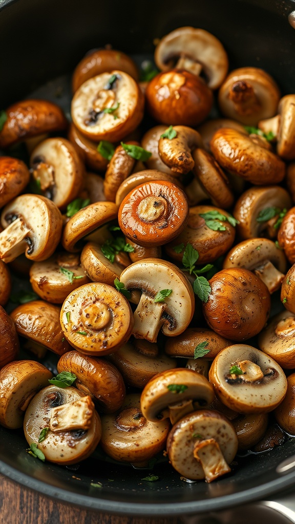 A close-up of sautéed mushrooms with herbs in a pan.