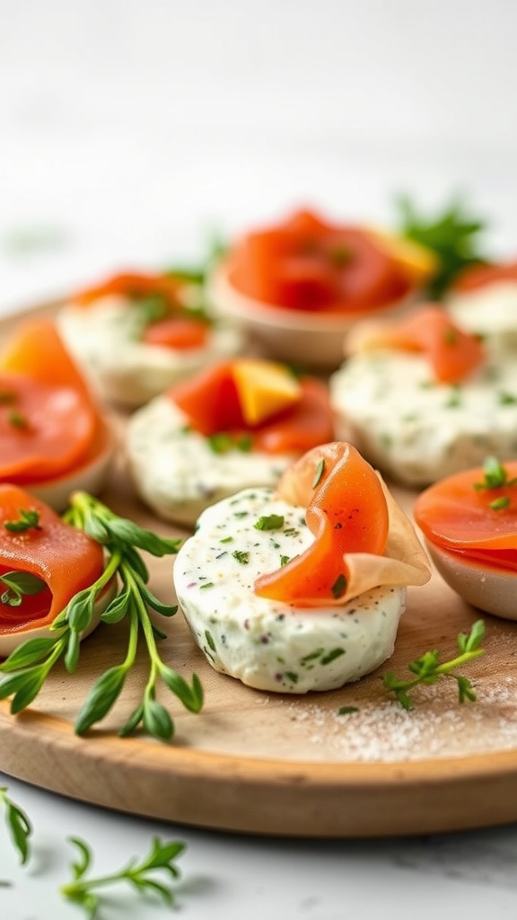 A platter of herbed goat cheese and prosciutto bites, garnished with herbs and colorful toppings.