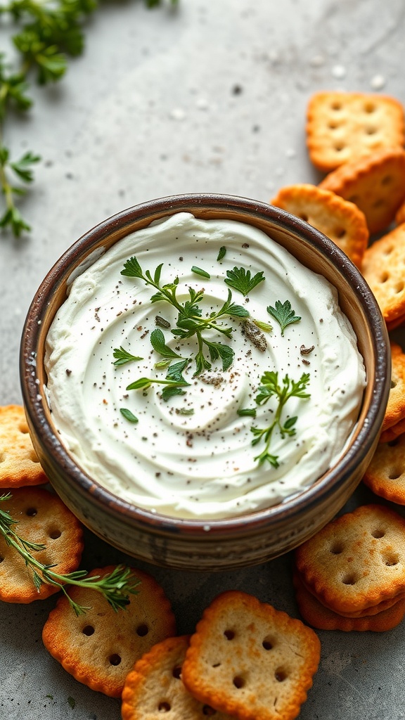 A bowl of herbed goat cheese dip surrounded by crackers.