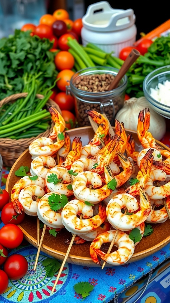 Grilled shrimp skewers on a wooden platter with herbs and vegetables around