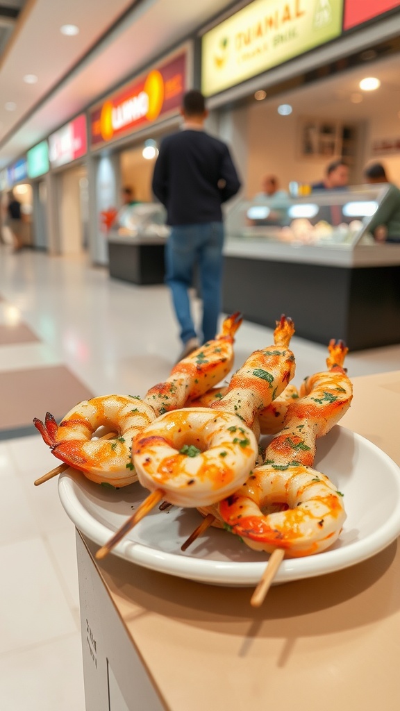 Plate of herbed grilled shrimp skewers at a food court