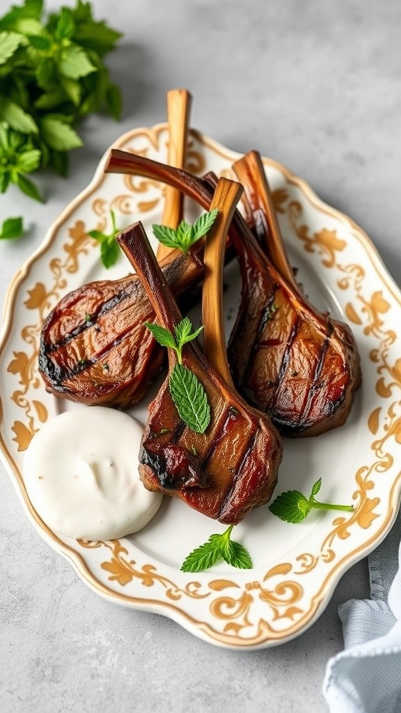 Grilled herbed lamb chops on a decorative plate with mint leaves and yogurt sauce.