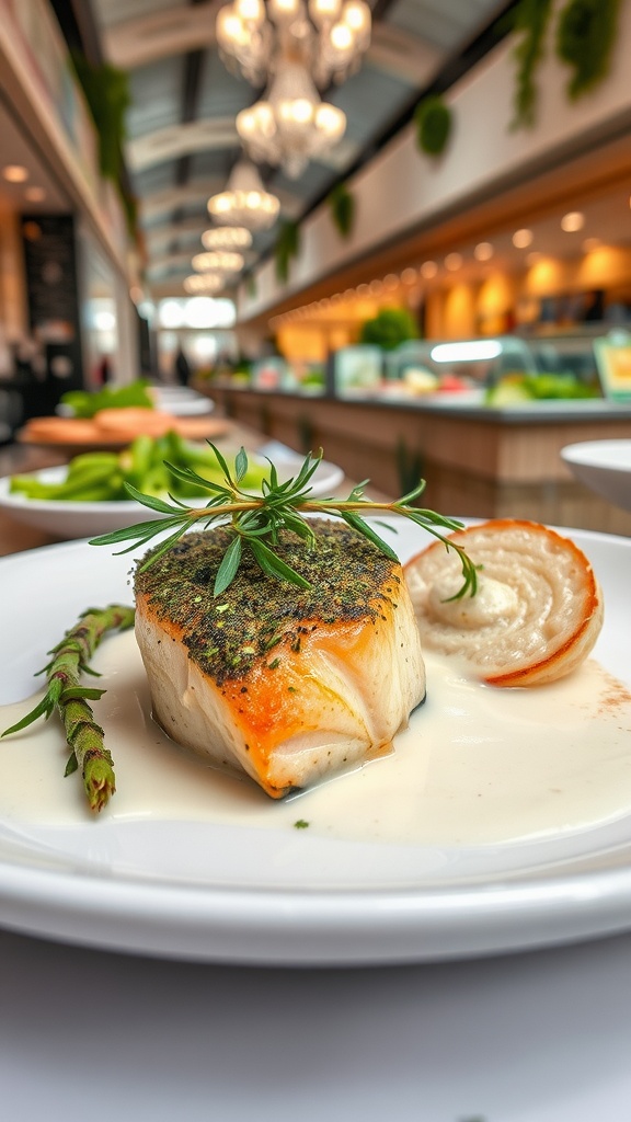 Plate of herbed salmon with cream sauce and asparagus on a restaurant table