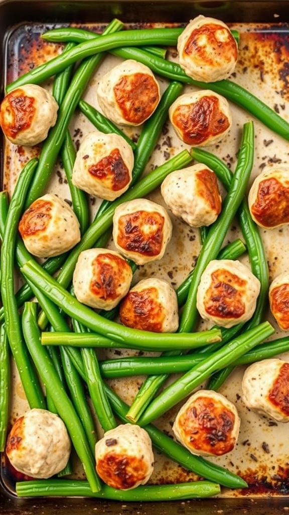 A sheet pan featuring browned turkey meatballs and fresh green beans.