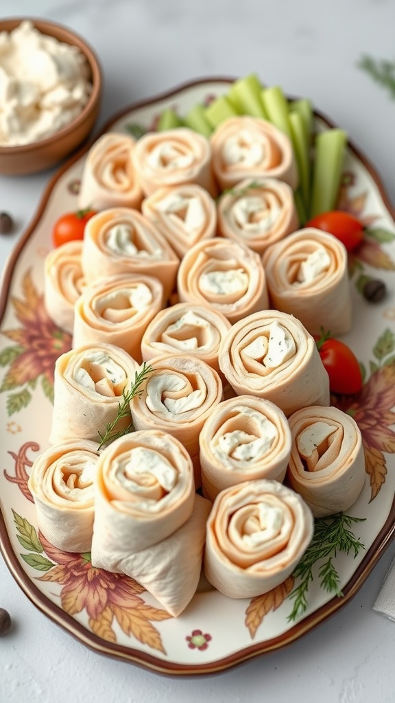 A plate of herbed turkey roll-ups garnished with celery and cherry tomatoes.