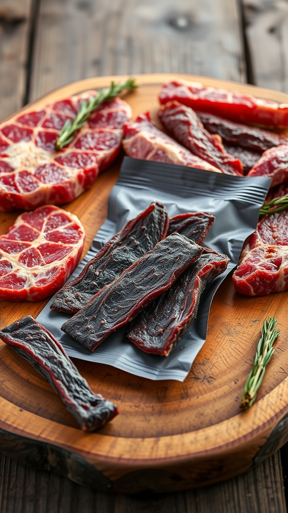 A selection of beef jerky with fresh cuts of raw beef and herbs on a wooden table.