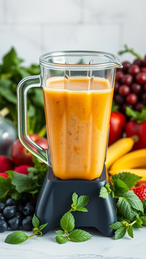 High-speed blender surrounded by fresh fruits and vegetables