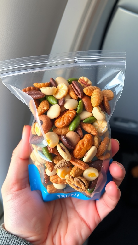 A hand holding a bag of homemade trail mix filled with various nuts and seeds.