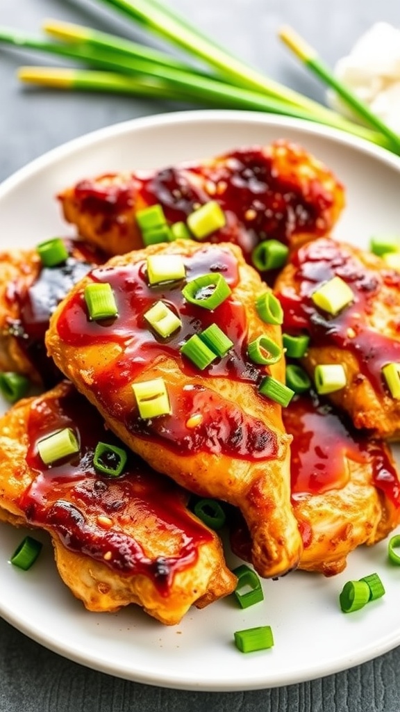 Plate of honey garlic chicken thighs topped with green onions