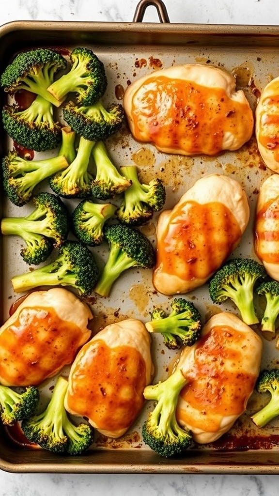 Honey mustard chicken breasts with broccoli on a sheet pan.