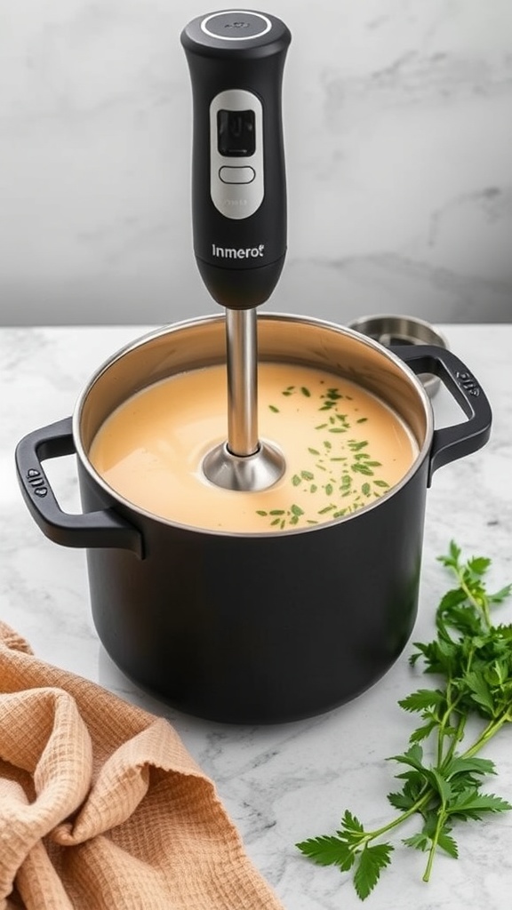 Immersion blender in a pot of soup with herbs on top.