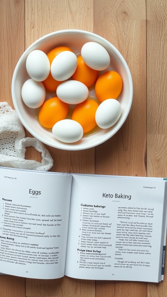 A bowl of eggs next to an open book on keto baking.