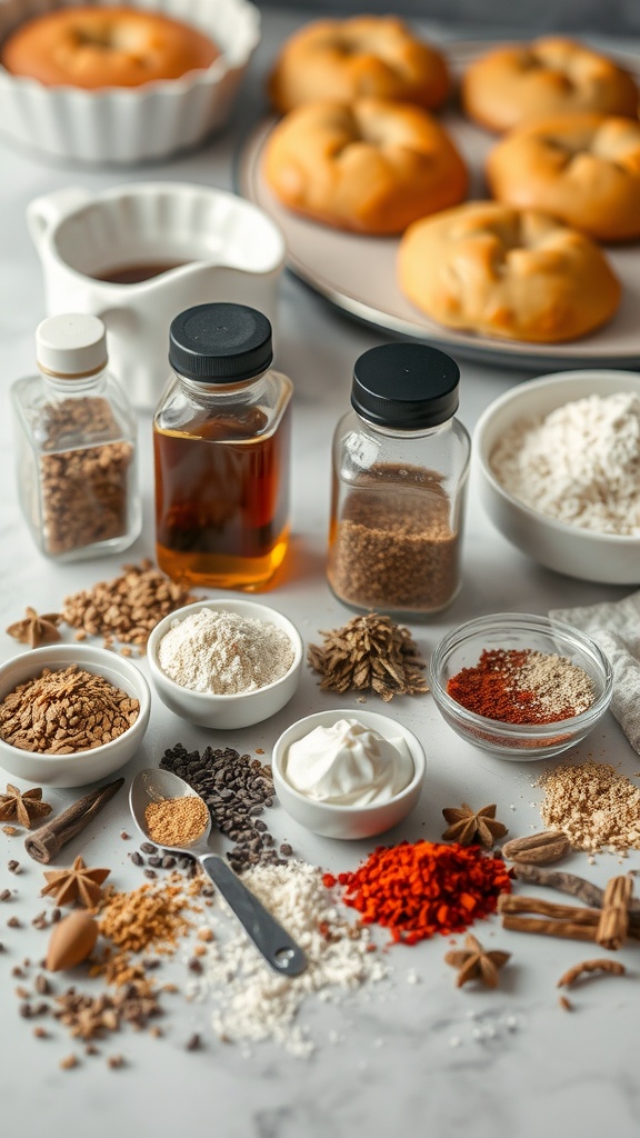 A variety of spices and baking ingredients arranged on a countertop with keto baked goods in the background.