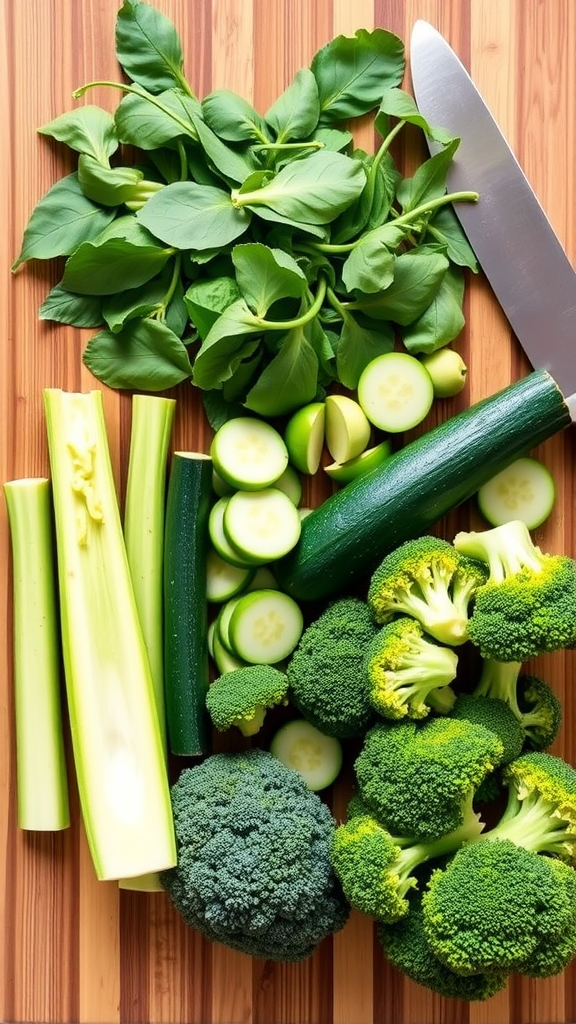 A colorful assortment of low-carb vegetables including broccoli, zucchini, and leafy greens arranged on a wooden cutting board.