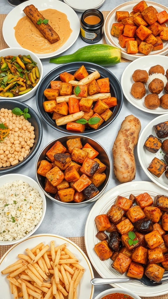 A colorful assortment of keto-friendly dishes including roasted vegetables, sauces, and snacks.