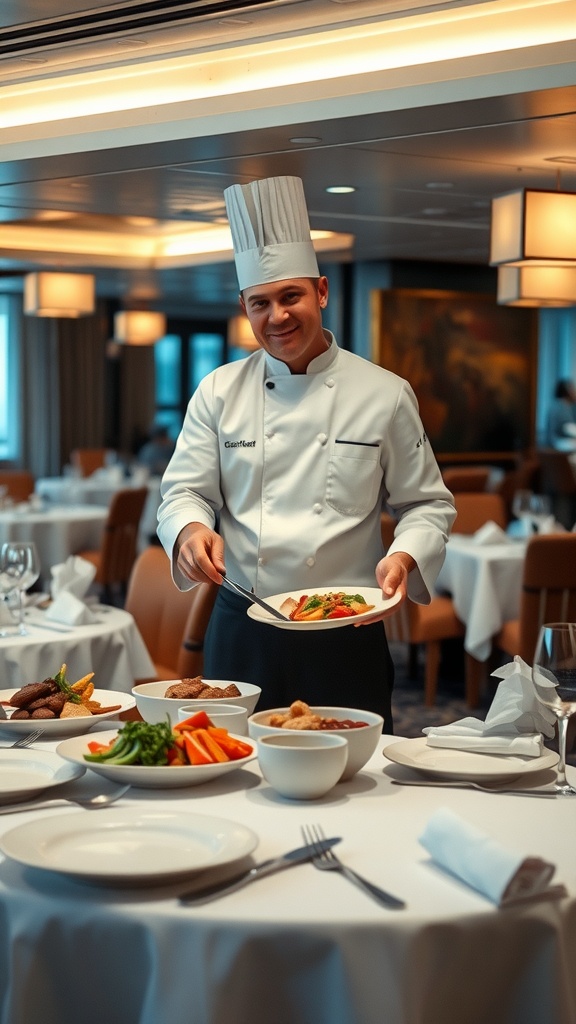 A chef presenting a plate of food in a restaurant setting on a cruise ship.