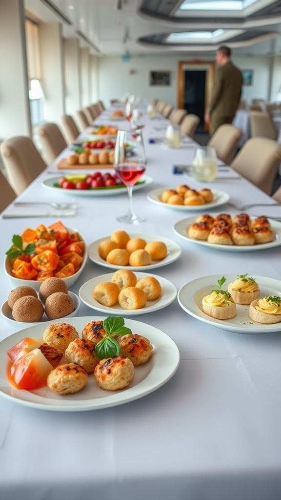 A beautifully set dining table with various appetizers, including vegetables, breads, and savory bites.