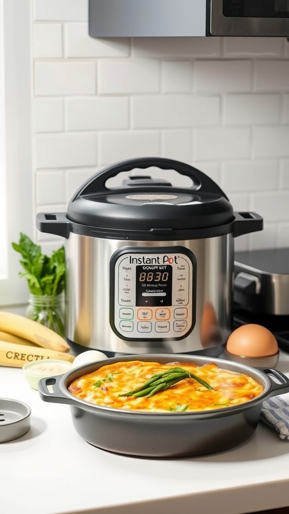 Instant Pot on a kitchen counter with a meal in a dish beside it.